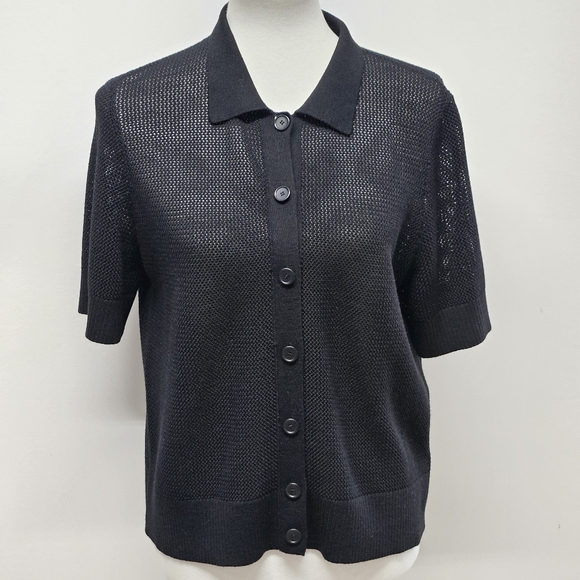 Akris Punto Open Knit Mesh Button-Down Polo Cardigan Top Short Sleeve Old Money - Picture 2 of 13